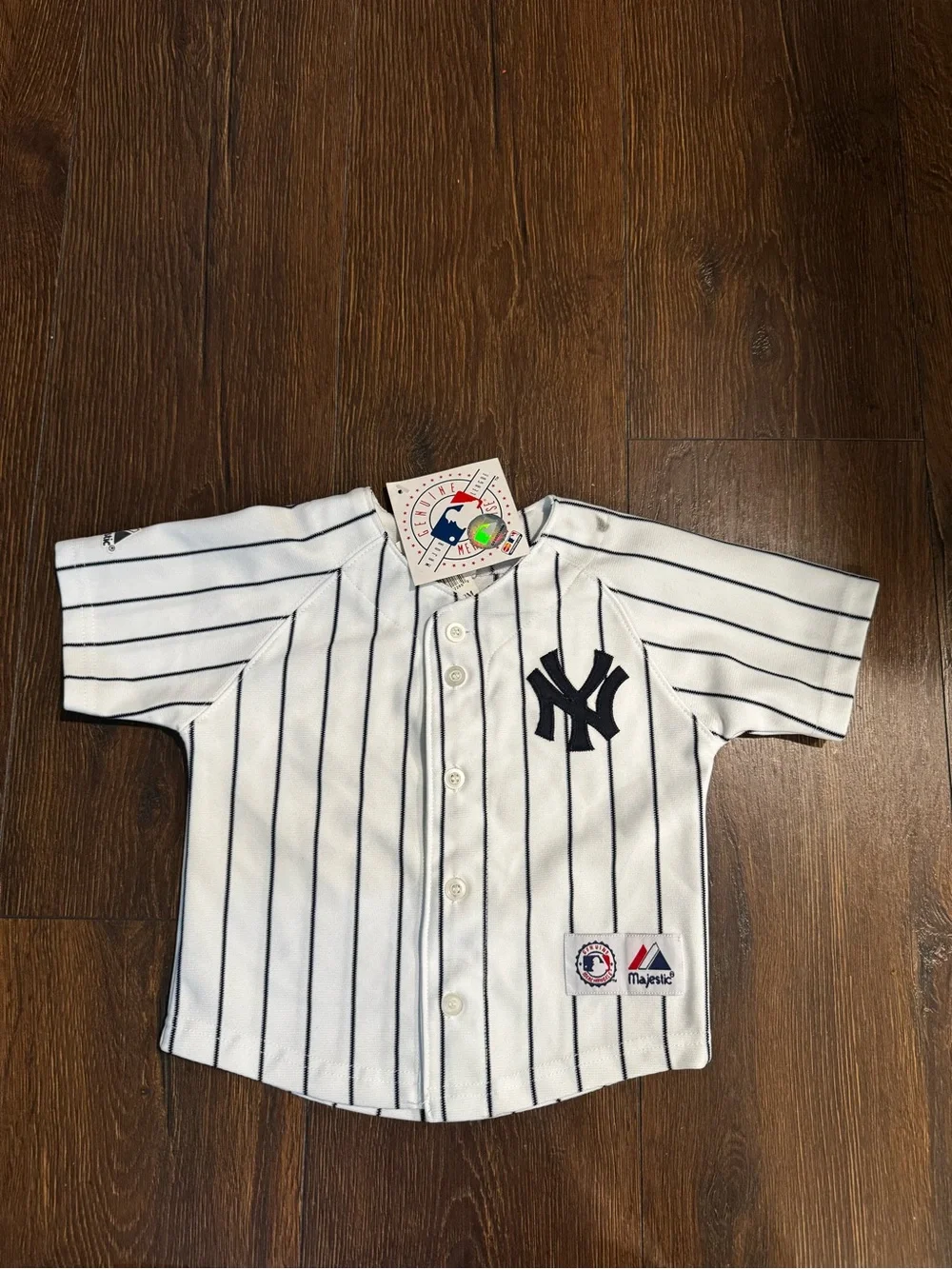 Majestic White Baseball Jersey with Navy Pinstripes - Kids